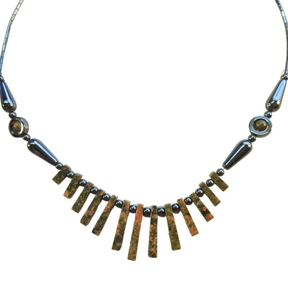 Vintage Unakite Tabs Strung on Pewter Tone Beads 22 inches Long - Picture 7 of 11